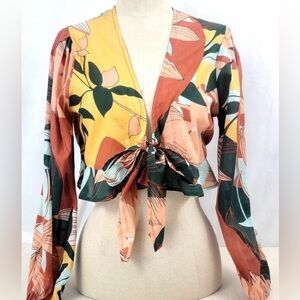 True Destination Tie Front Blouse Woman's Size Medium Tropical Floral Print Boho